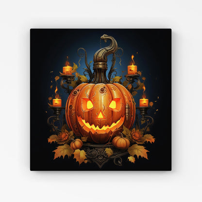 Spooy Pumpkin With Leaves And Small Candles Canvas