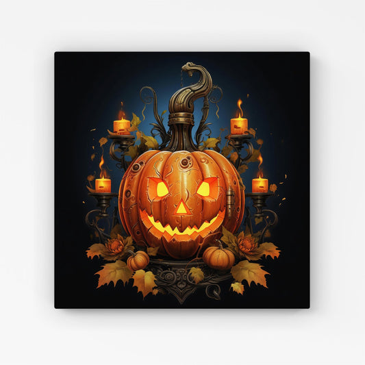 Spooy Pumpkin With Leaves And Small Candles Canvas
