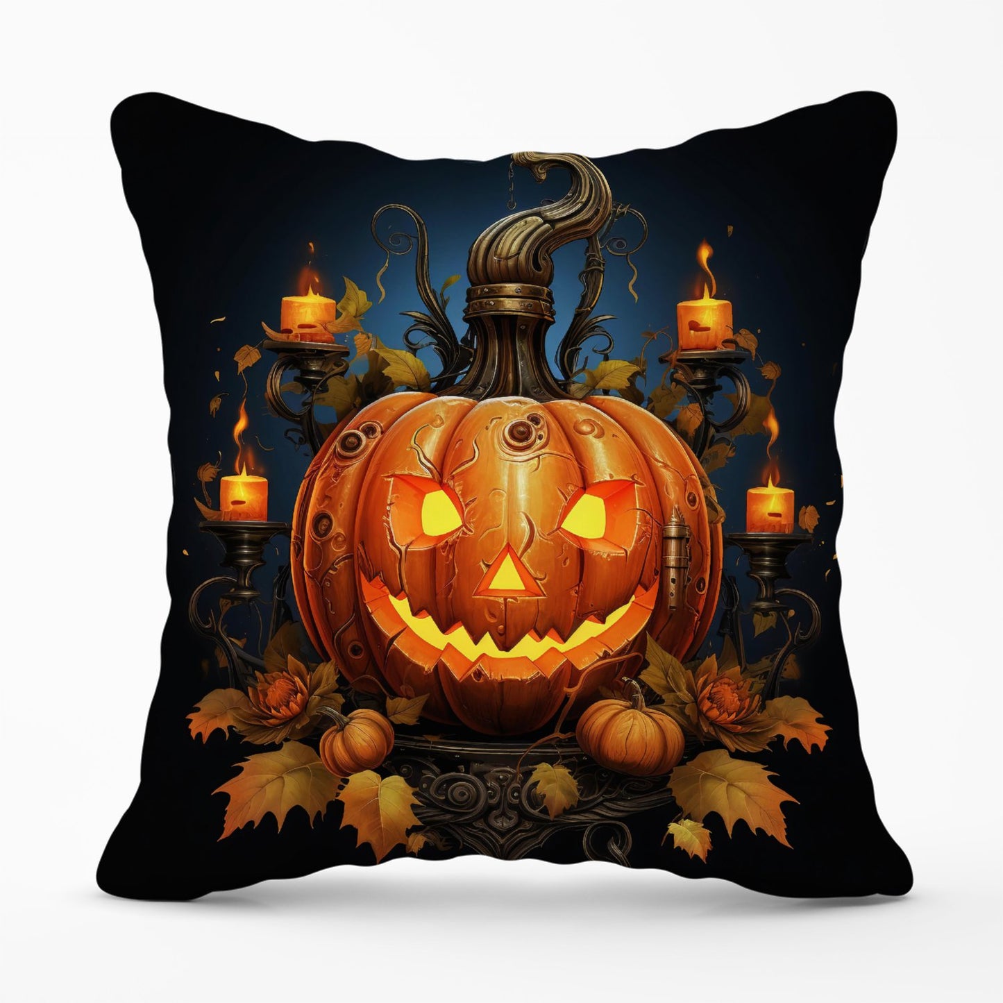 Spooy Pumpkin With Leaves And Small Candles Outdoor Cushion