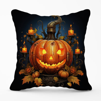 Spooy Pumpkin With Leaves And Small Candles Outdoor Cushion