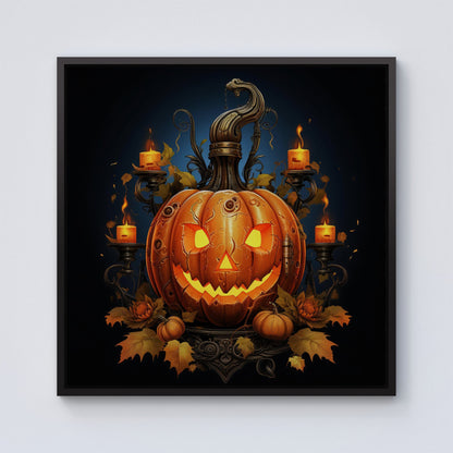 Spooky Pumpkin With Leaves And Small Candles Framed Canvas