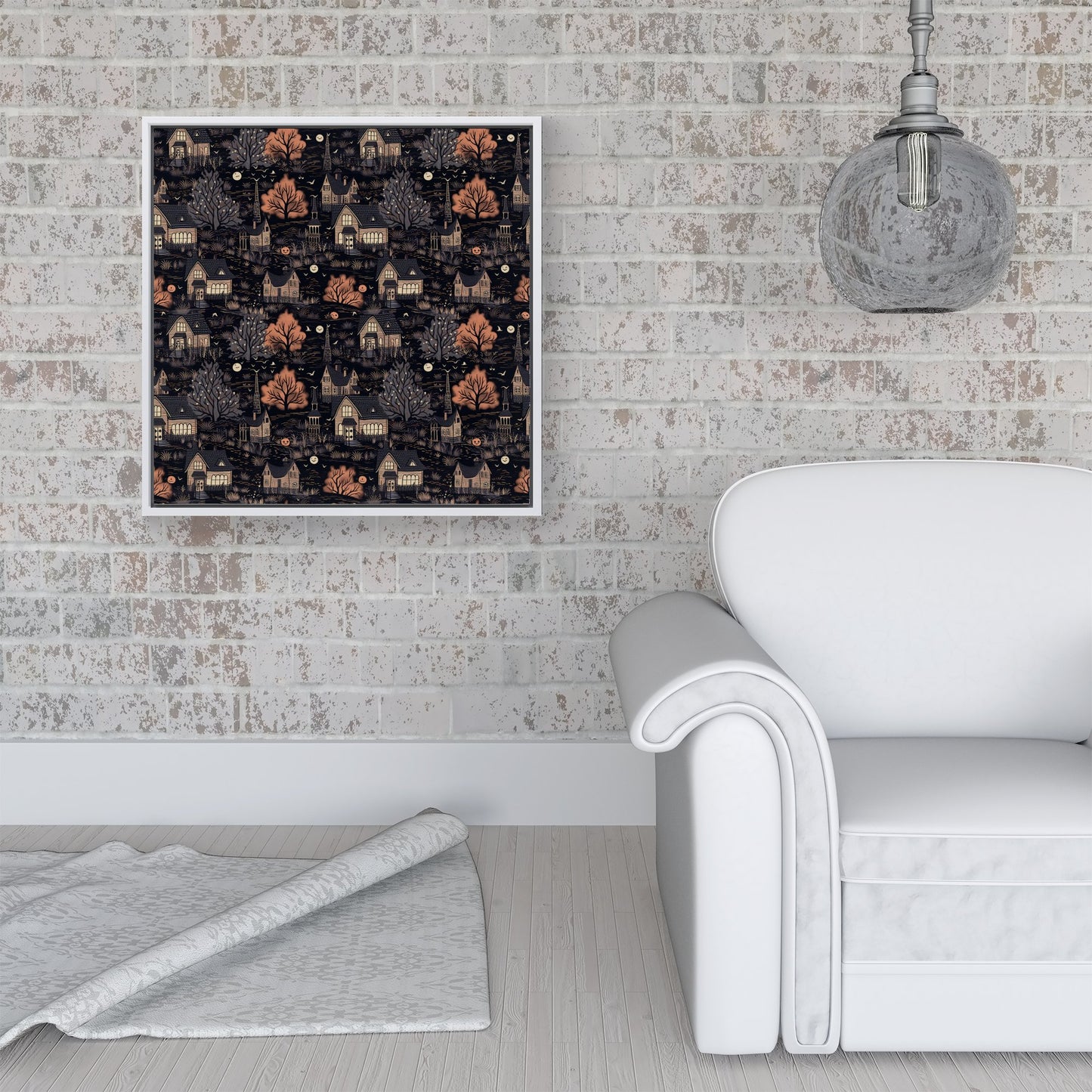 Spooky Haunted Houses Pattern Framed Canvas