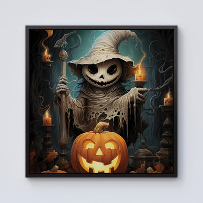 Creepy Ghost With Pumpkins Framed Canvas