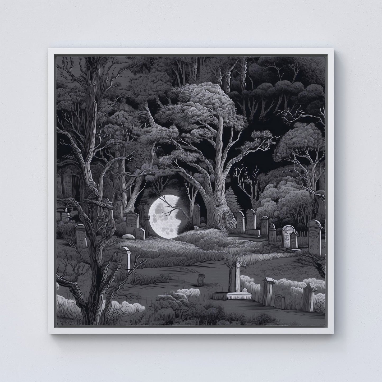 Eerie Moonlit Cemetery Framed Canvas