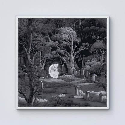 Eerie Moonlit Cemetery Framed Canvas
