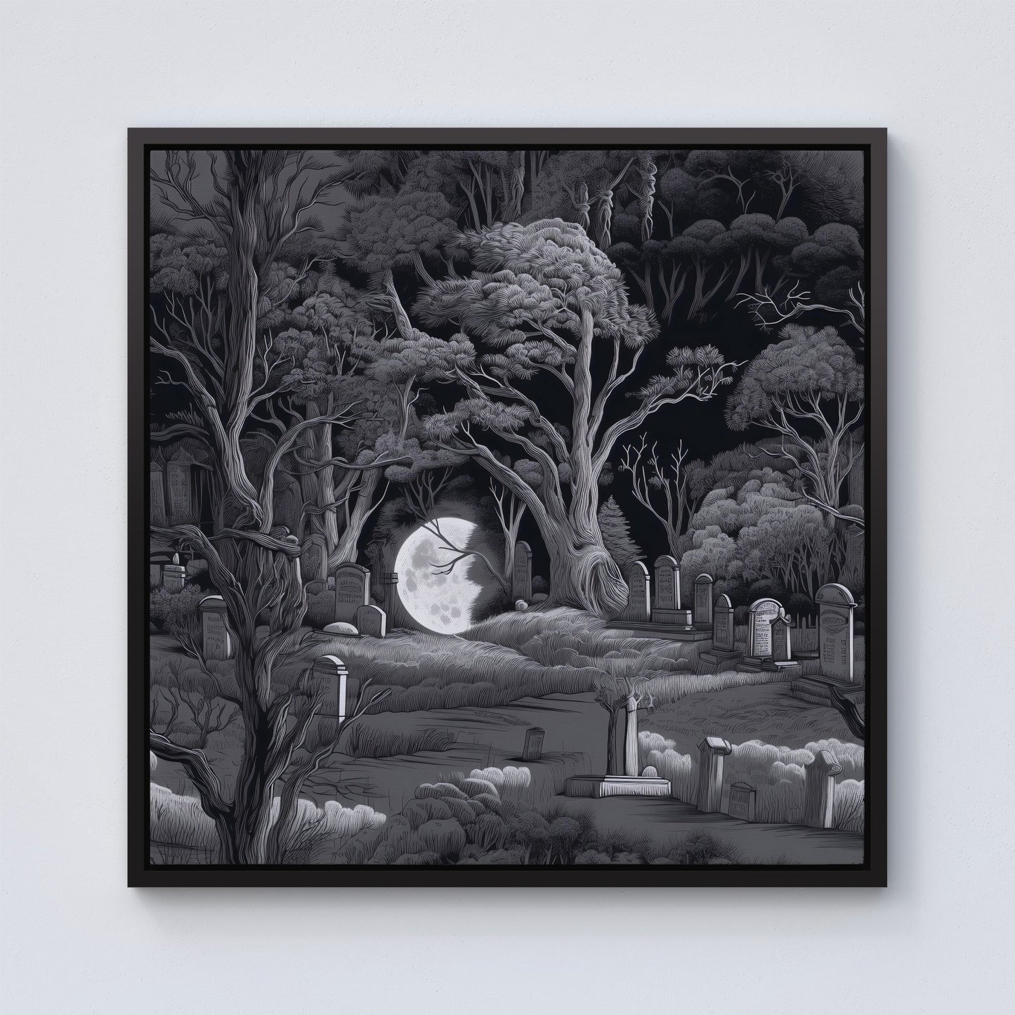 Eerie Moonlit Cemetery Framed Canvas
