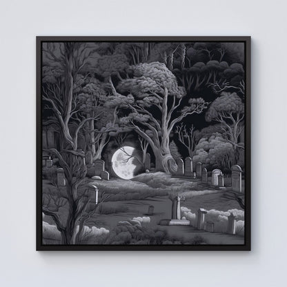 Eerie Moonlit Cemetery Framed Canvas