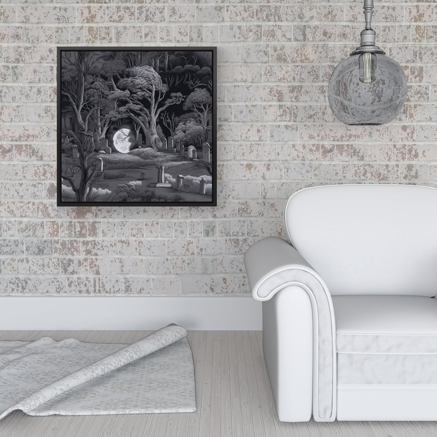 Eerie Moonlit Cemetery Framed Canvas