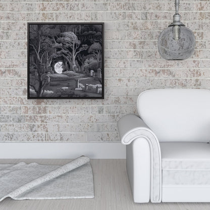 Eerie Moonlit Cemetery Framed Canvas