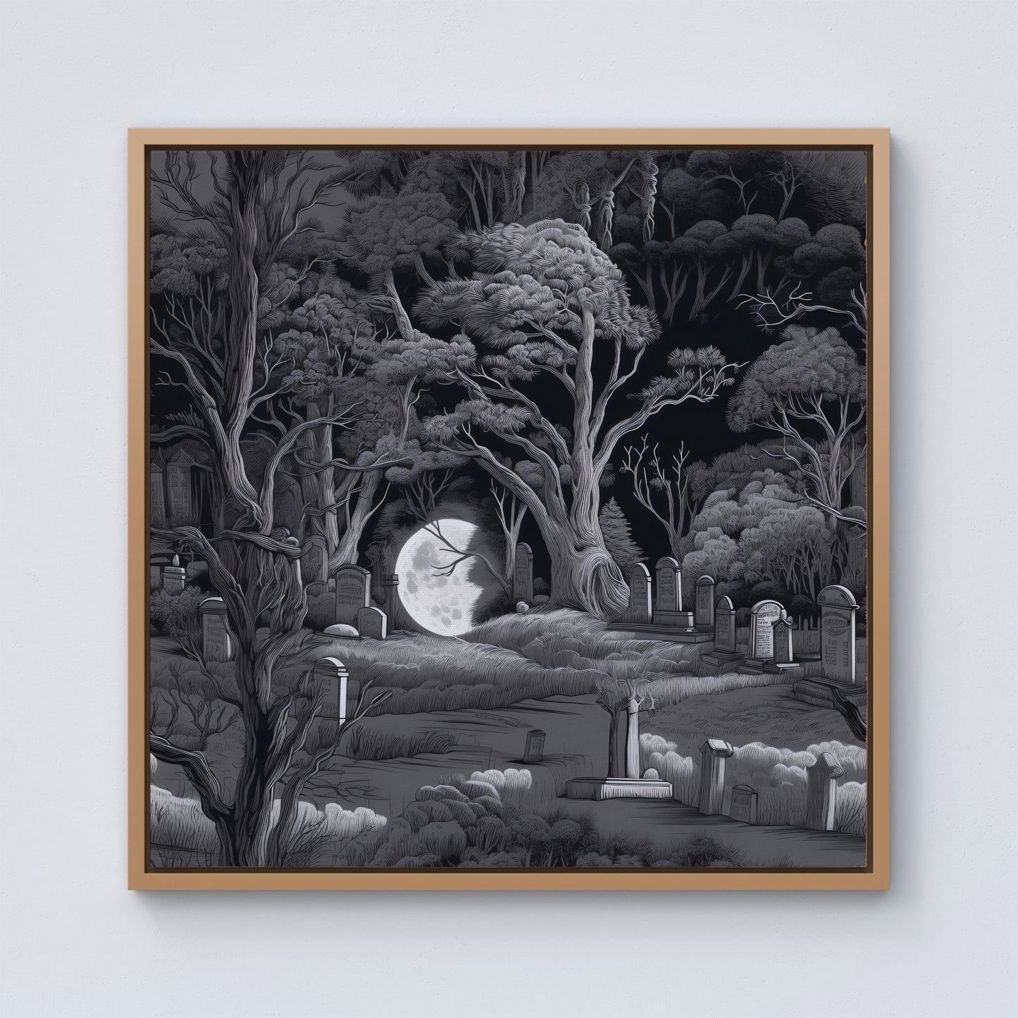 Eerie Moonlit Cemetery Framed Canvas