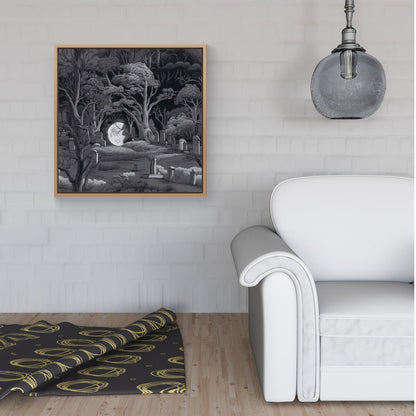 Eerie Moonlit Cemetery Framed Canvas