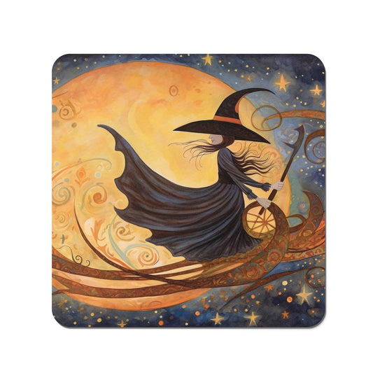 A Whimsical Witch On A Broomstick Coasters
