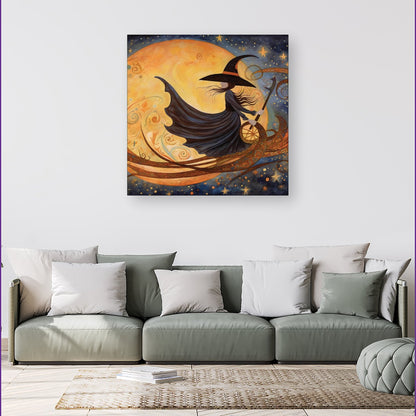 A Whimsical Witch On A Broomstick Canvas