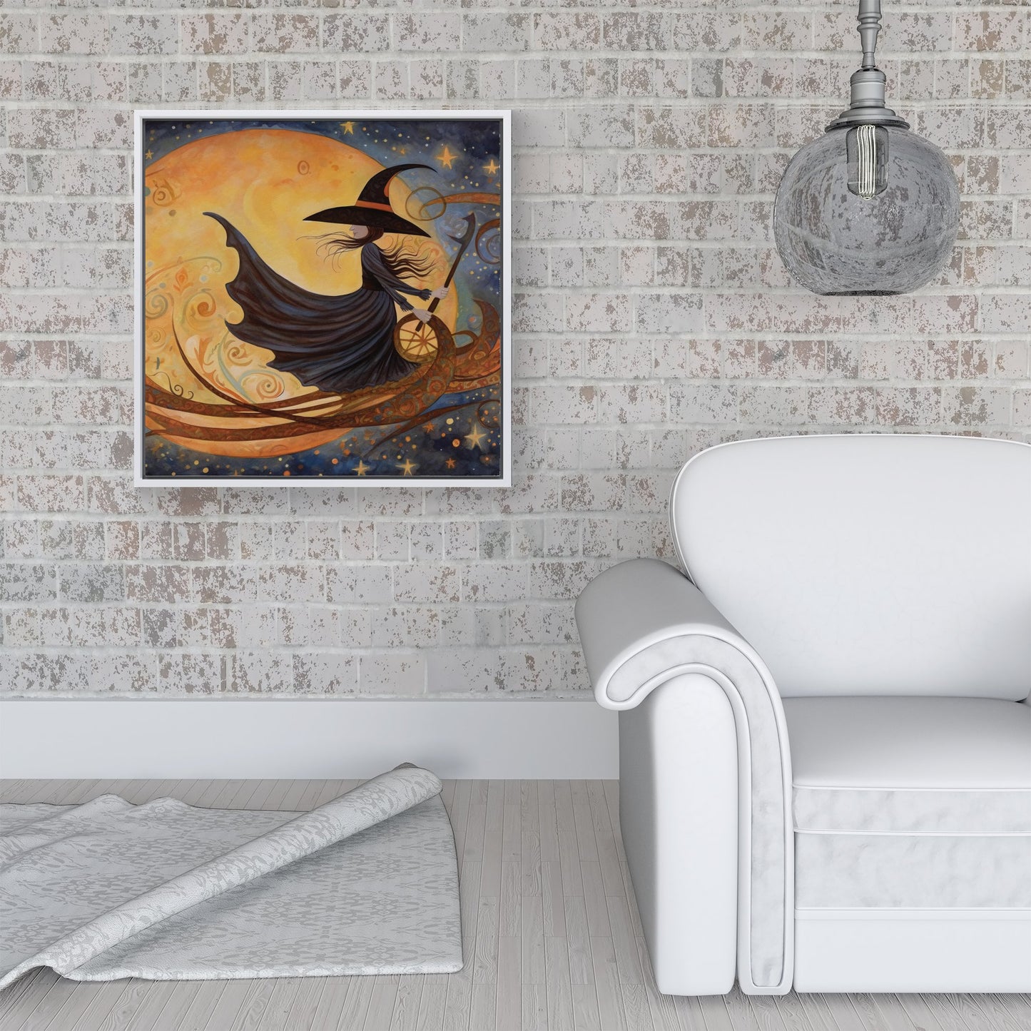 Whimsical Witch On A Broomstick Framed Canvas