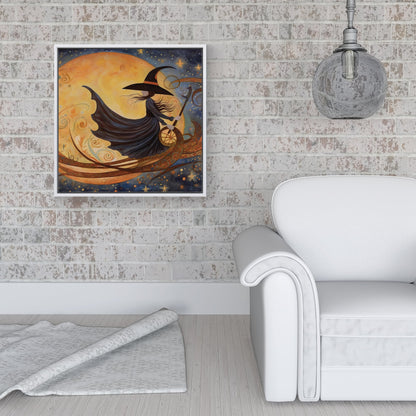 Whimsical Witch On A Broomstick Framed Canvas