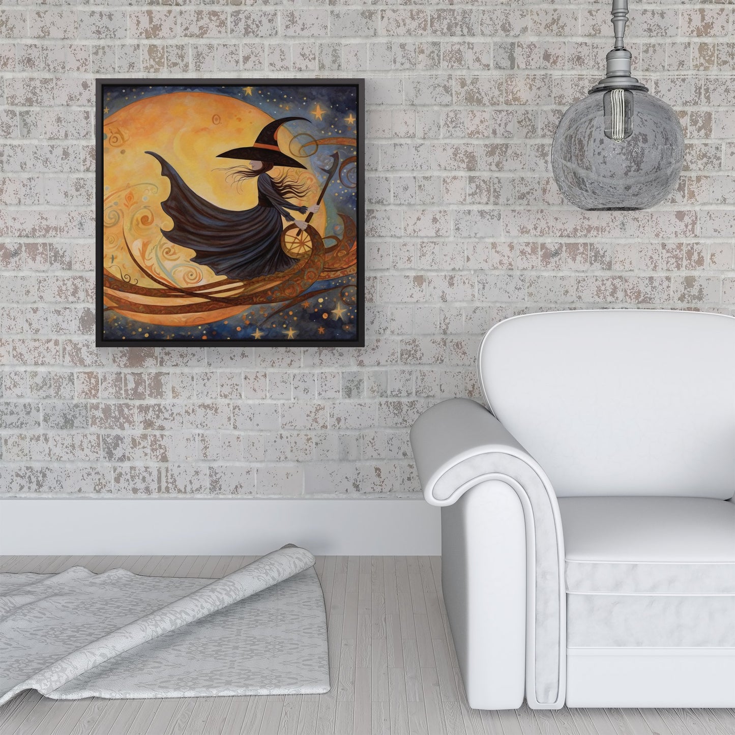 Whimsical Witch On A Broomstick Framed Canvas