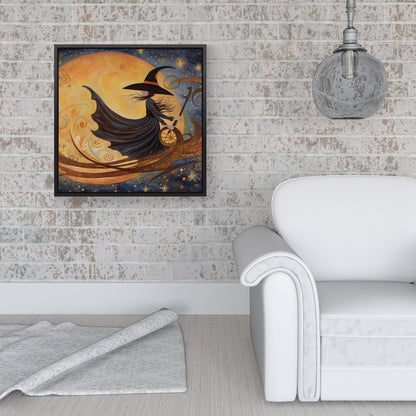 Whimsical Witch On A Broomstick Framed Canvas