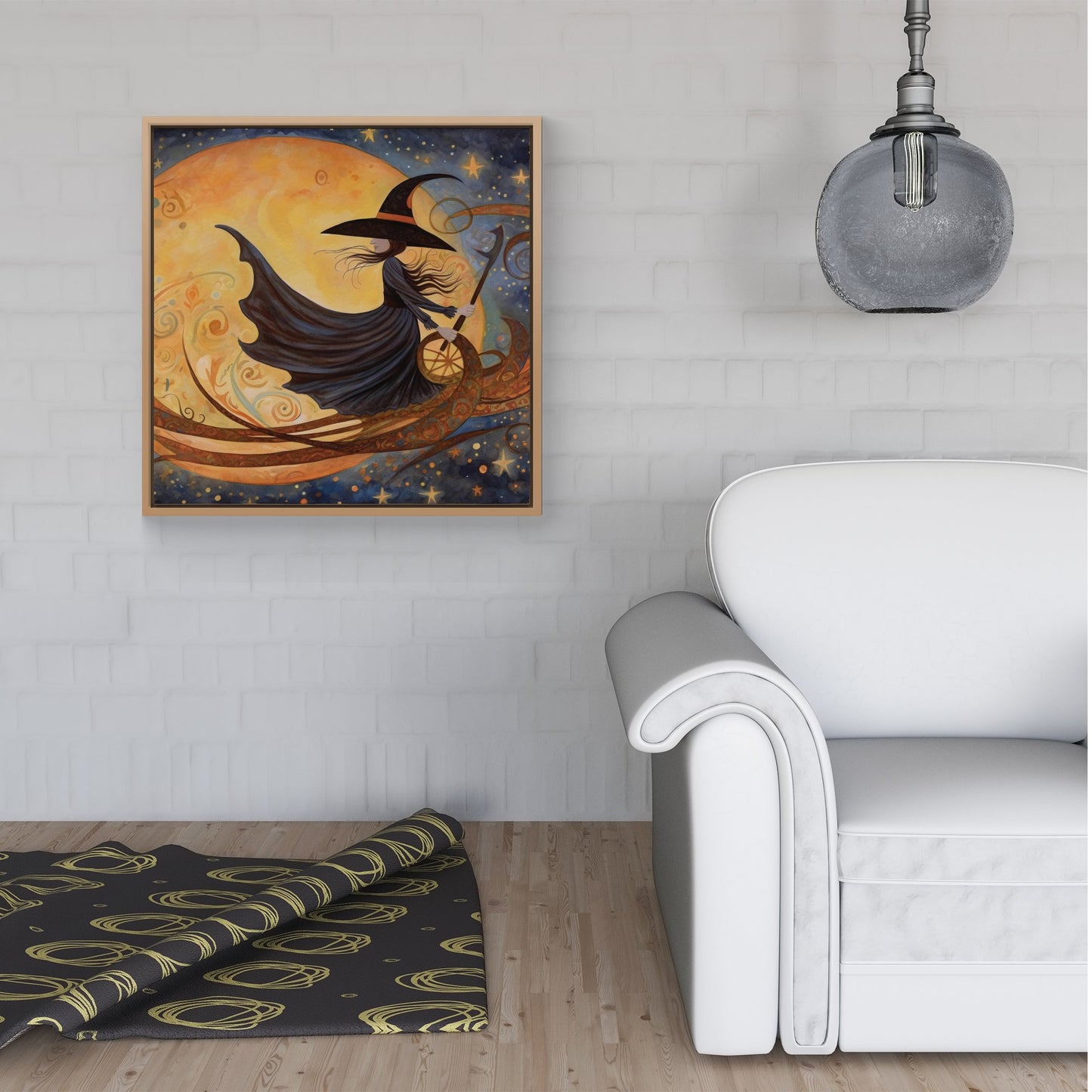 Whimsical Witch On A Broomstick Framed Canvas