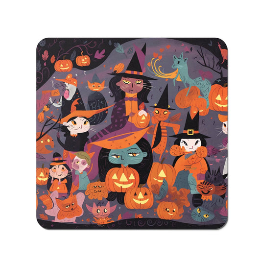 A Vibrant Illustration Of Witches And Pumpkin Coasters