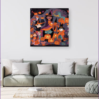 A Vibrant Illustration Of Witches And Pumpkin Canvas