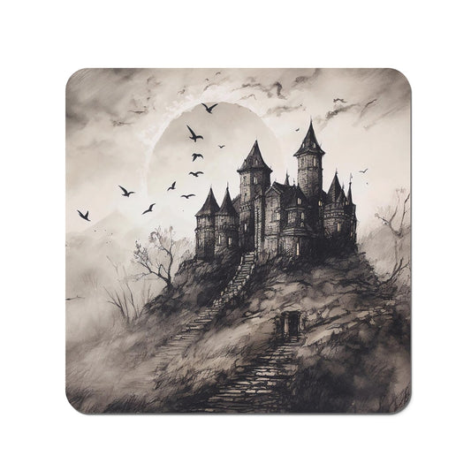 A Realistic Ink Drawing Of A Haunted Castle Coasters