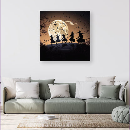 A Group Of Witches Riding Broomsticks Canvas